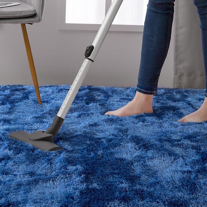 DweIke Fluffy Navy Blue Shag Rugs for Bedroom Living Room, 3x5 Feet Soft Plush Tie-Dyed Dark Blue Girls Boys Kids Rug, Non-Slip and Machine Washable Carpet for Dorm Nursery Classroom Decor