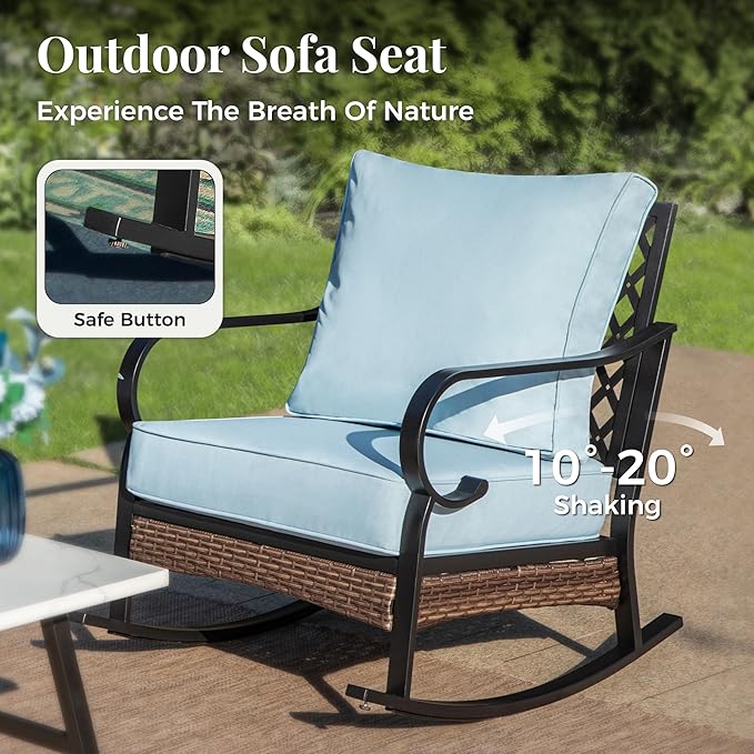 Outdoor Patio Rocking Sofa Chairs Set of 2 Steel Frame Porch Furniture with Deep Seating and 5.75" Cushions for Lawn Backyard Deck, Blue