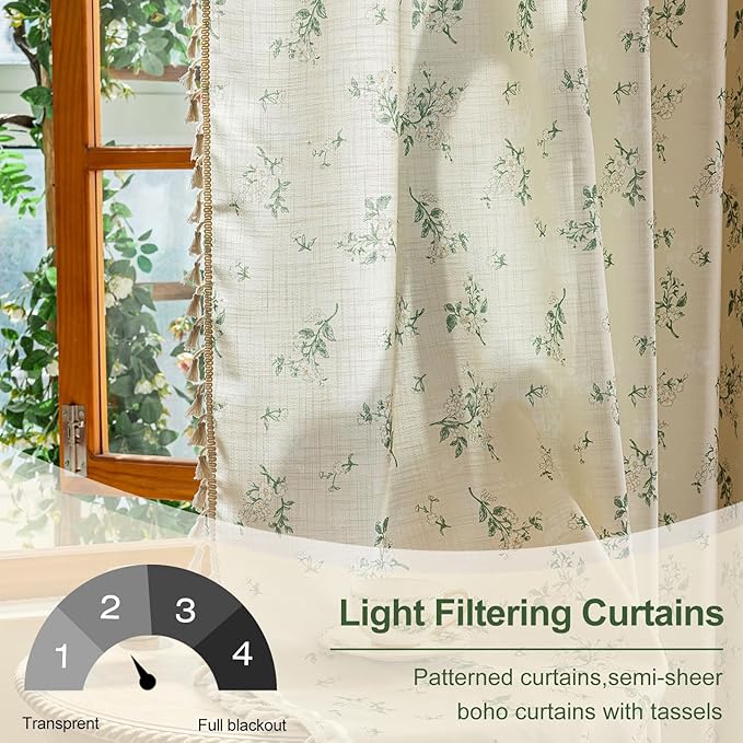 OYX Sage Green Spring Floral Curtains 63 Inch Length 2panels for Living Room, French Country Vintage Light Filtering Patterned Aesthetic Drapes for Bedroom, Rod Pocket Decor Window Treatment Curtains