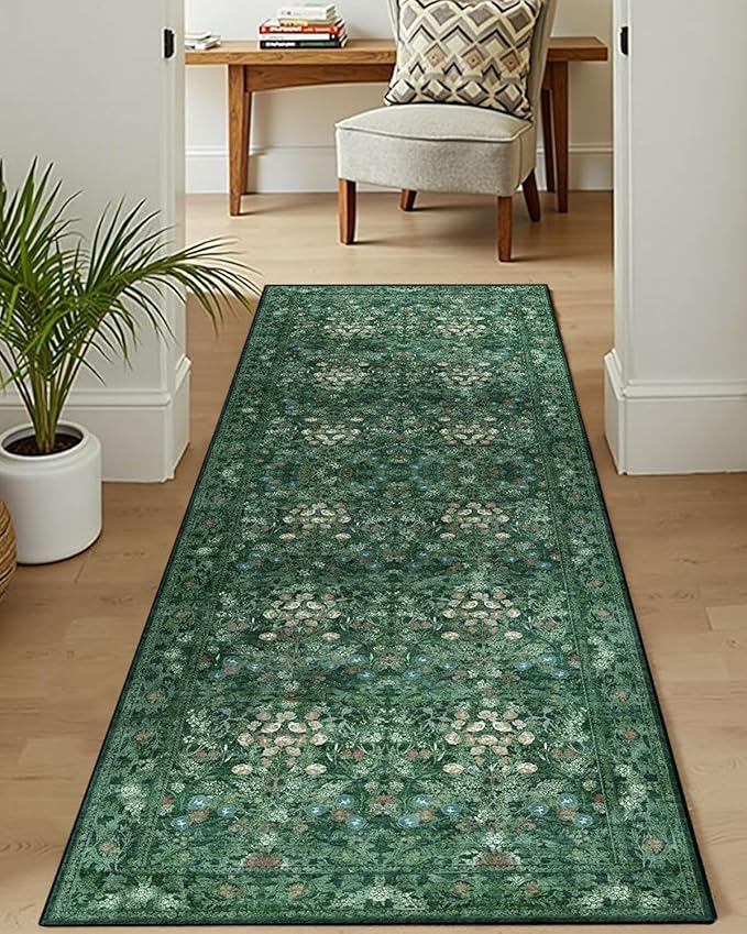 Boho Green Long Hallway Runner Rug 2x6 Washable, Farmhouse Floral Botanical Non Skid Kitchen Floor Mat - Vintage Soft Throw Rug for Bathroom, Indoor Entrance, Foyer, Bedroom Bedside, Laundry