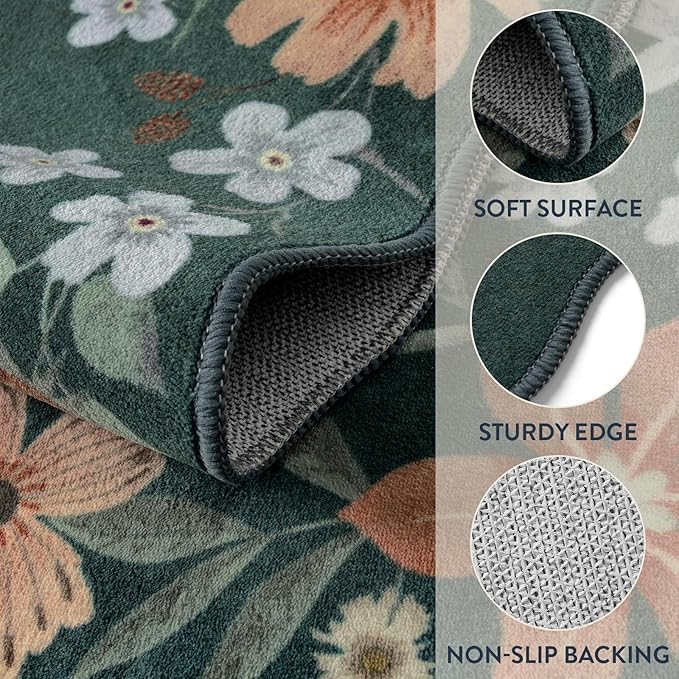 Lahome Floral Washable Living Room Rugs, 5x7 Green Area Rugs for Bedroom ‎‎‎‎Nursery, Ultra-Thin Soft Non-Slip Stain Resistant Boho Throw Carpet for Dining Room Office, Dark Green
