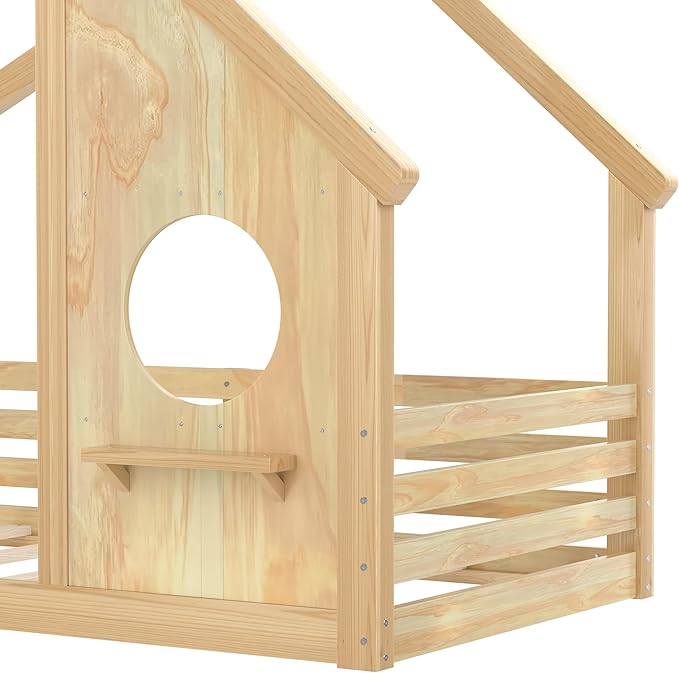 Polibi Twin Size House Floor Bed with Window and a Small Shelf, Solid Wood Low Profile Floor Bed for Kids, No Box Spring Needed, Natural