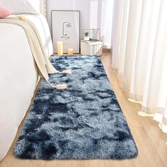 DweIke Fluffy Blue Grey Runner Rugs for Bedroom, 2x6 Feet Soft Plush Long Runners for Girls Boys Kids, Non-Slip and Machine Washable Bedside Rug, Small Throw Carpet for Hallway Rooms Decor