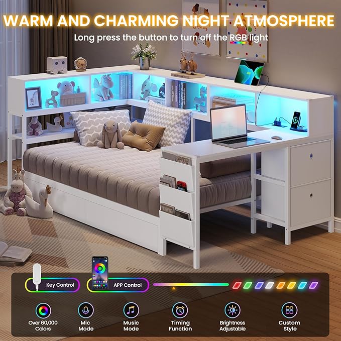 DICTAC Corner Twin Bed Frame with Desk,Charging Station and Bookcase Storage Metal Platform Bed Frame with Storage Drawers and Led Lights Twin Size Daybed with Desk and Shelves for Kids/Teen,White