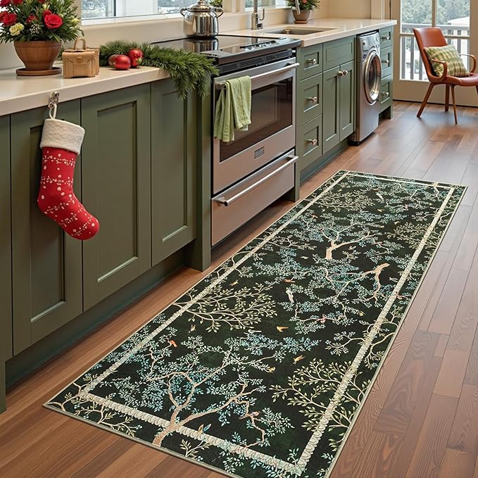 jinchan Yarden Moss Green Botanical Birds 3x8 Christmas Runner Rug for Hallway - Washable Non-Slip Soft Nature Plants Modern Runner Carpet,Vintage Low Pile Rug for Entryway Living Room Kitchen