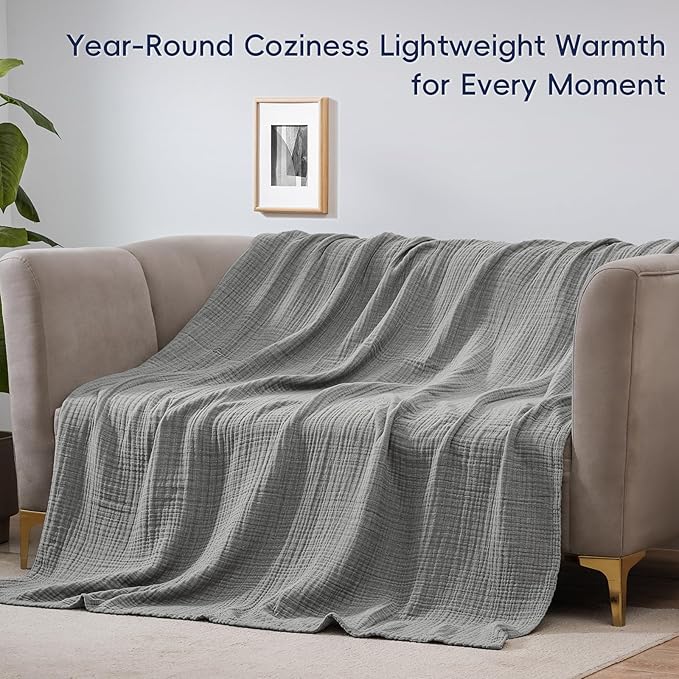 PHF 100% Cotton Muslin Blanket King Size 108"x90", 4-Layer Lightweight Gauze Throw, Breathable Cloud-Soft Minimalist Blanket for Bed, Couch, Camping & Baby, Grey, Ideal Gift