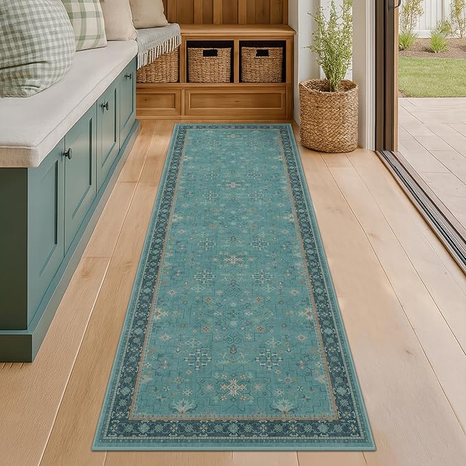 Boho 2'6"x10' Wide Hallway Runner Rugs - Teal 10ft Long Washable Indoor Floor Mats for Entryway, Non Slip with Rubber Backing, Floral Aqua Blue Unique Runner Décor