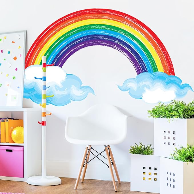 Watercolor Rainbow Wall Decals Lovely Rainbow Wall Stickers for Kids Room, Large Cloudy Rainbow Room Decor Waterproof Peel and Stick Wall Art Murals for Nursery Classroom