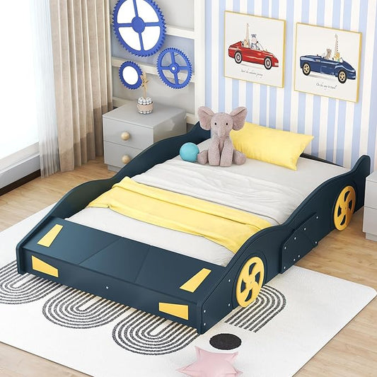 Flieks Full Size Race Car-Shaped Platform Bed Frame for Boys Girls Kids Adults Toddler with Wheels and Storage, Dark Blue+Yellow