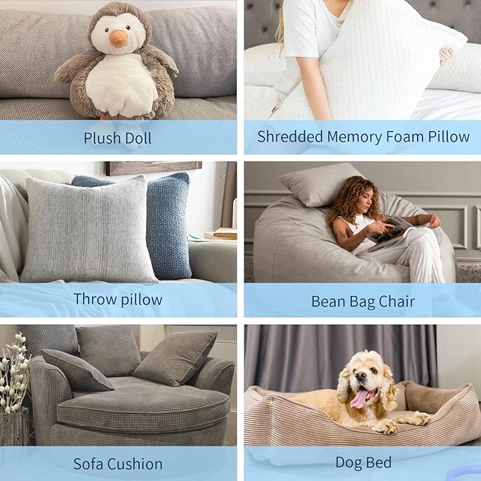 Bean Bag Filler, 50lbs Shredded Memory Foam Filling, Soft Pillow Stuffing Bean Bag Refill Foam for Couch, Cushion, Stuffed Animals, Dog Bed, Arts Crafts