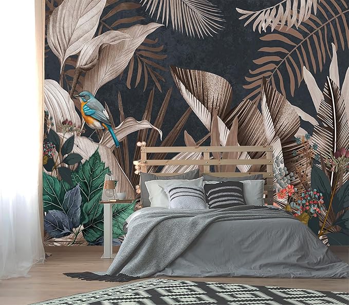 XMPMBM-Tropical Rainforest Plant Banana Leaf Fabric Wallpaper Botanical Leaf Birds Bedroom Bathroom Wall Mural-W 132" X H 92"（93 Square Foot）