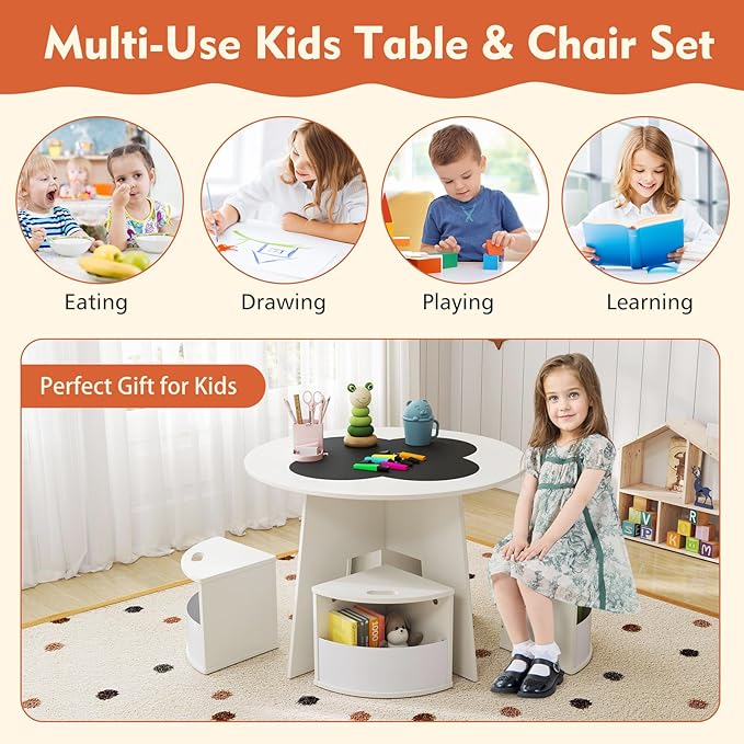 HONEY JOY White Kids Table and Chair Set, Children Activity Play Table with 4 Storage Stools for Art Craft, Nesting Design Toddler Table and Chair Set for Playroom, Daycare, Gift for Boys Girls