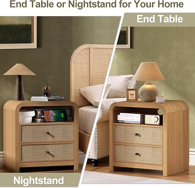 Oak&Sparrow 2 Drawer Tall Dresser for Bedroom, 23.6'' Rattan Dresser with Ample Storage, Boho Chest of Drawers, Thickened Curved Profile Design, Oak Dressers for Bedroom, Living Room
