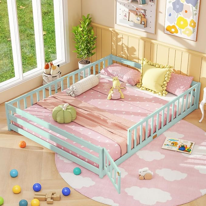 Giantex Queen Floor Bed with Door & Fence, Kids Wood Montessori Beds with Safety Guardrails, Floor Bed Twin for Kids, Boys, Girls, No Box Spring Needed, Mint Sky