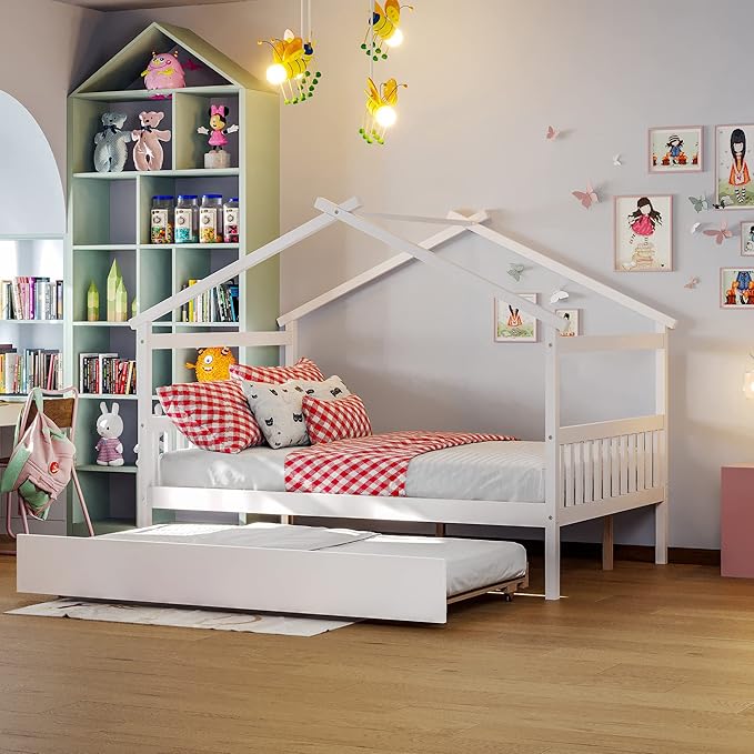 Merax Full Size Wooden House Bed with Trundle, Wood Bed Frame with Roof for Kids, Teens, Boys or Girls, White
