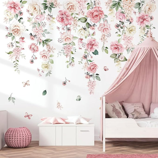 wondever Large Pink Flowers Wall Stickers Hanging Vine Floral Leaves Peel and Stick Wall Art Decals for Baby Nursery Girls Bedroom Living Room