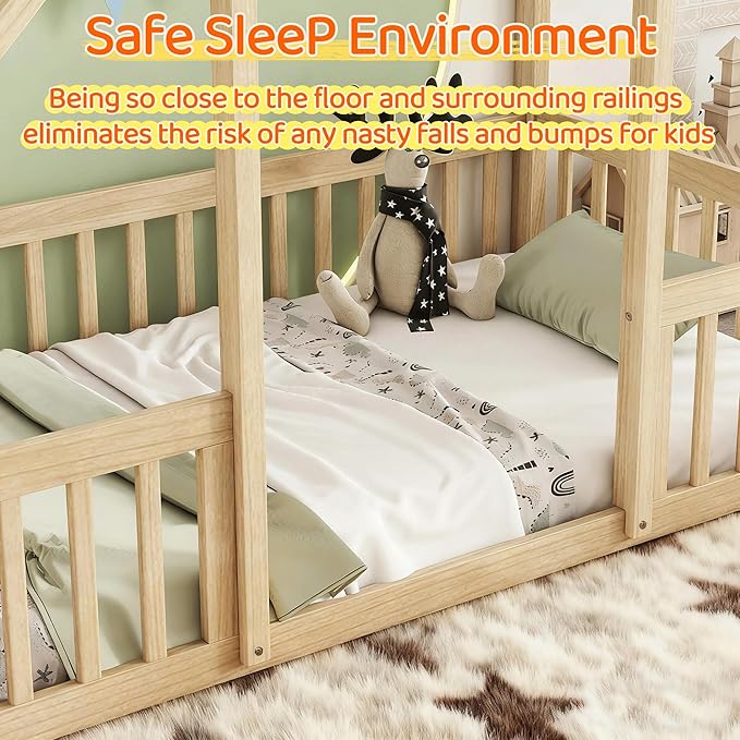 Casaphoria Twin Size House-Shaped Montessori Bedframe, Solid Pine Wood Kids Bed Frame, Toddler Floor Bed with Door & Fence for 1-3 Years Old Kids, Natural