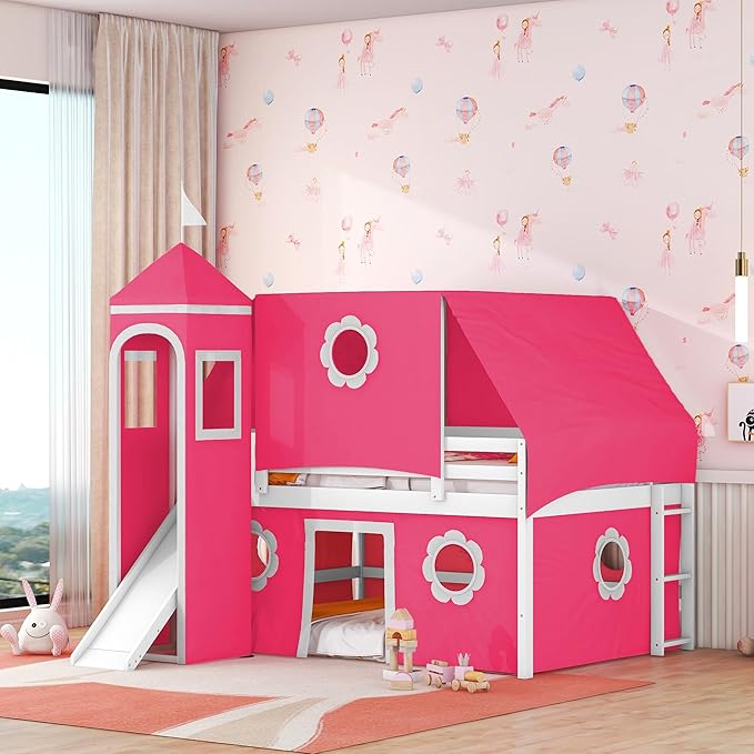 Polibi Full Size Castle Loft Bed with Slide & Pink Tent and Tower, Playhouse Design Spacious Under Bed Space with Curtains, Wood Tent Bed Frame for Kids Boys Girls(Pink,Full)