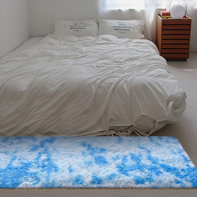 DweIke Fluffy Blue Runner Rugs for Bedroom, 2x6 Feet Soft Plush Long Light SkyBlue Runners for Girls Boys Kids, Non-Slip and Machine Washable Bedside Rug, Small Throw Carpet for Hallway Rooms Decor