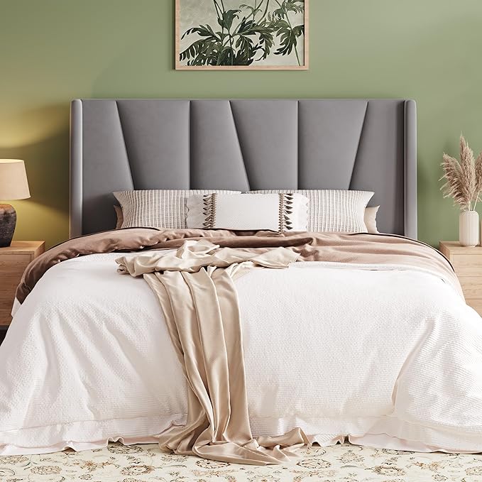 Allewie Full Size Platform Velvet Bed Frame with Geometric Wingback Headboard, Boho Upholstered Bed with Wooden Slats Support, No Box Spring Needed, Easy Assembly, Light Grey
