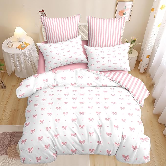 Bow Twin Size Duvet Cover Pink White Heart Bedding Set Girls Bow Comforter Cover with Kawaii Love Heart Print Comforter Cover Breathable, Soft (No Comforter)