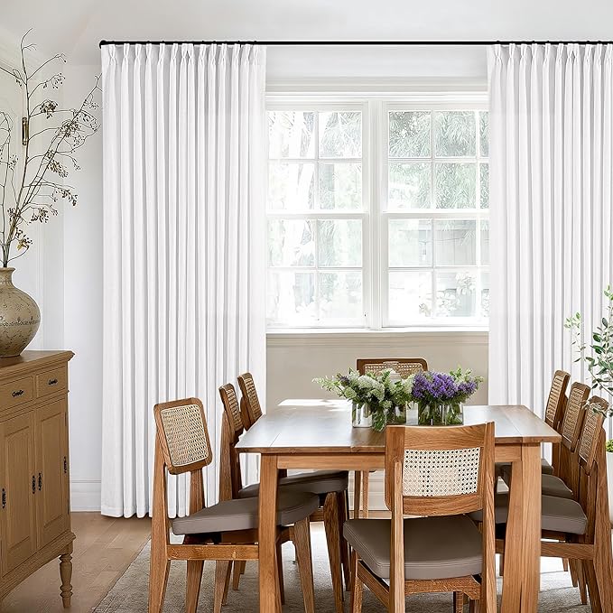 Pleated Linen Curtains 86 Inches Long for Living Room Pinch Pleat Hooks for Track System Back Tab Custom Made Memory Shape Drape Light Filtering Snow White Living Room Bedroom Window Curtain 86 Inch