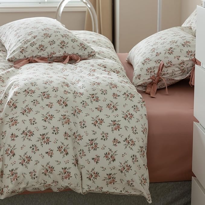 Boho Floral Duvet Cover Full Girl Soft Cotton Pink Floral Bedding Set for Teen Dorm with 2 Bow Tie Pillowcases,Aesthetic Chic Comforter Cover Full with Zipper Closure,Room Decor Bedding