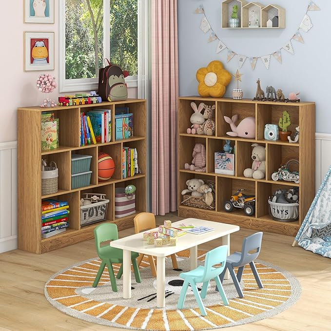 Costzon 10-Cube Bookshelf for Kids, Wooden Toy Storage Organizer w/ 2 Anti-Toppling Kits, 3 Tier Open Shelves & Non-Slip Foot Pads, Montessori Toy Shelf for Kids Rooms, Playroom, Classroom, Nursery