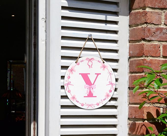 Monogram Round Sign For Front Door, Cherry Bow Theme Sign For Porch Art Wall Door, Initial Signs Hanging Ornament For Indoor Outdoor, Decorations Gifts For Four Seasons Rustic Home Kitchen, Y, A25