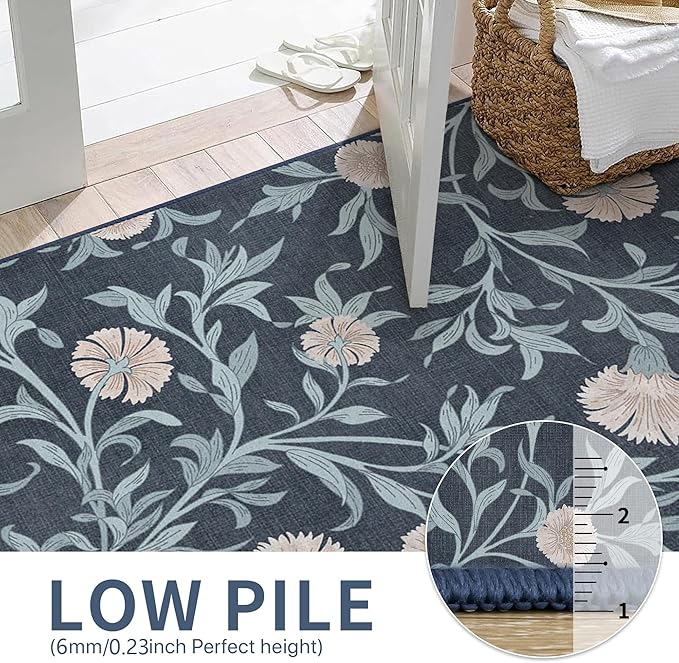 GENIMO 5x7 Vintage Floral Area Rug, Soft Microfiber Washable Rug with Non-Slip Backing, Blue and Black Carpet for Living Room, Bedroom and Dining Room