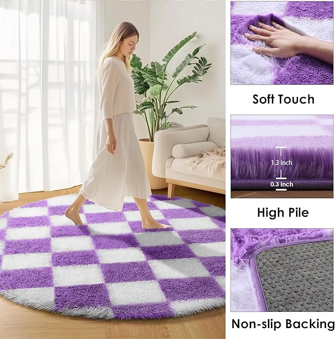 KICMOR Purple Round Rugs 5ft for Girls Bedroom, Fluffy Soft Checkered Circle Area Rug Cute Fuzzy Shag Shaggy Living Room Carpet, Indoor Plush Circular Rug for Kids Room Nursery Home Decor Aesthetic