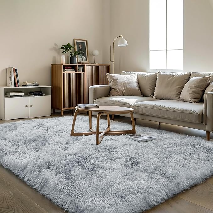 Thick Area Rug Light Grey Fluffy Shag 3x5 for Bedroom, Soft Plush Fuzzy Shaggy Carpet, Thickened Washable Non Slip Cozy Furry Rugs for Living Room, Kids Baby Nursery Dorm, Tie-Dye Gray