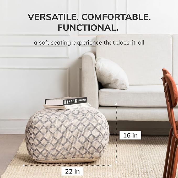 Anji Mountain 100% Handmade & Handcrafted Comfortable Home Décor Pouf Ottoman Footrest for Living Room, Bedroom, Nursery, Kidsroom, Patio Furniture - (22" x 22" x 16"- Gray,Ivory)