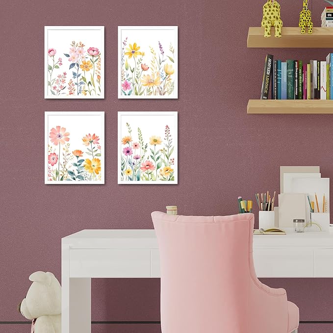 JINYO Watercolor Spring Flower Wall Art Prints Set of 4, Spring Wall Decor, Cottagecore Colorful Wildflower Floral Botanical Wall Decor Posters Pictures for Home Bedroom Living Room, 8x10 Unframed
