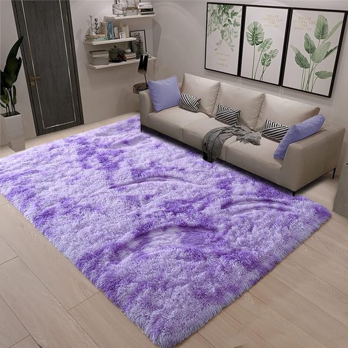 DweIke Fluffy Purple Shag Rugs for Bedroom Living Room, 4x6 Feet Soft Plush Tie-Dyed Light Purple Girls Boys Kids Rug, Upgraded Non-Slip and Machine Washable Carpet for Dorm Nursery Classroom Decor