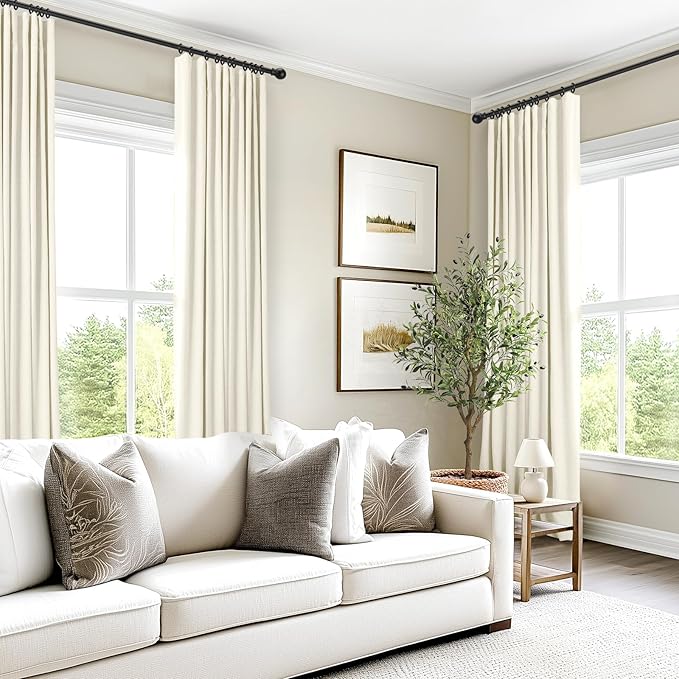 INOVADAY 100% Blackout Curtains for Bedroom, Black Out Curtains 120 Inch Long, Clip Rings Linen Blackout Drapes, Thermal Insulated Room Darkening for Living Room, 2 Panels - Lightcream,W50xL120