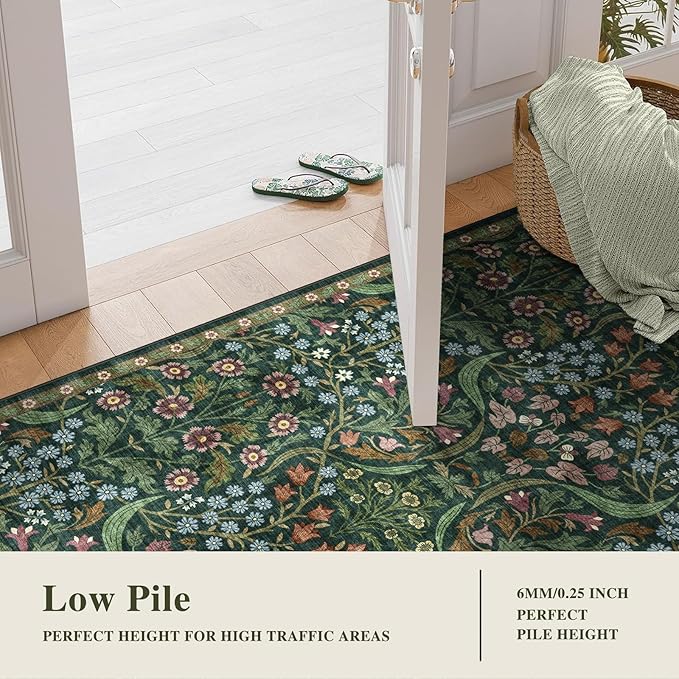 6x9 Washable Area Rug for Living Room, Floral Non-Slip Non-Shedding & Easy Care, Soft Low Pile Botanical Indoor Floor Carpet for Living Room, Bedroom, Farmhouse, Dining Room, Kids Playroom, Green