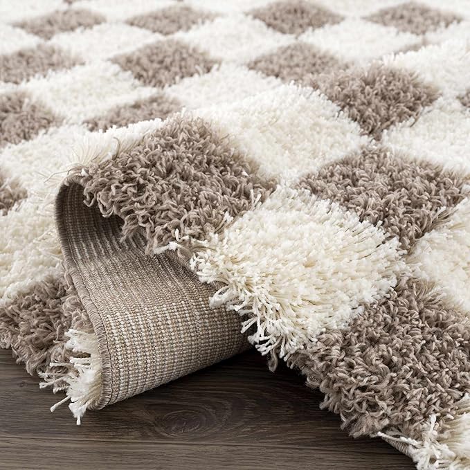 Hauteloom Atira Contemporary Checkered Fluffy Shag Runner Rug - Modern Geometric Carpet Tiles for Hallway, Kids Room - Plush Pile Carpet Squares - Cream,Light Brown - 2'7" x 10'
