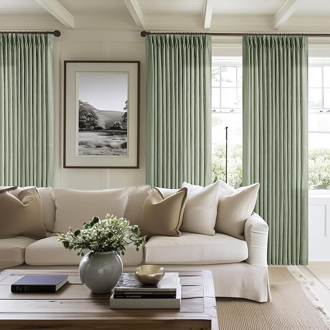 Sage Green Linen Curtains Pinch Pleated 84 Inches Long for Living Room Bedroom Pleat with Rings Back Tab Semi Sheer Curtains 84 Inch Length 2 Panels Set Light Filtering Farmhouse Drapes Light Green