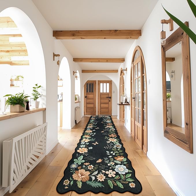 Lahome Floral Hallway Runner Rug Non Slip, 2'6''x10' Washable Runner Ultra-Thin Soft Kitchen Runners for Hallways, Stain Resistan Carpet for Entryway Bathroom(Black/Grey)