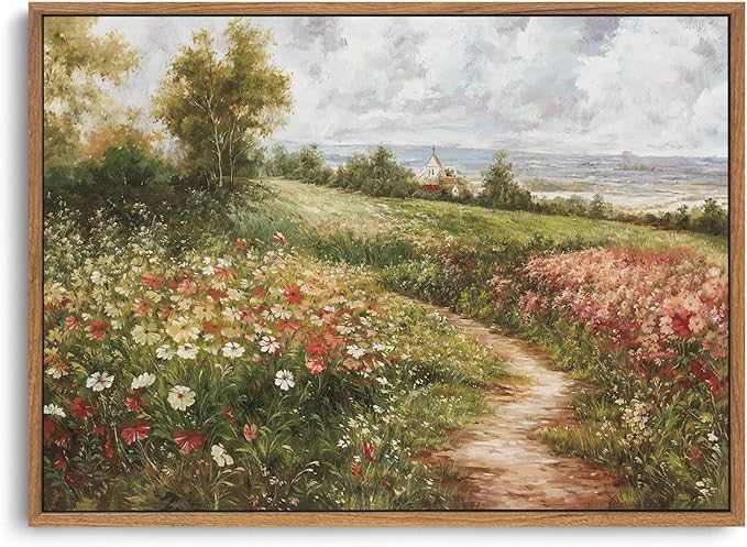 OIQArtOIQ Vintage Landscape Framed Wall Art Summer Countryside Wildflower Field Path Canvas Art Prints Farmhouse Cottagecore Pictures Wall Decor Rustic Meadow Paintings Artwork For Kitchen Bedroom