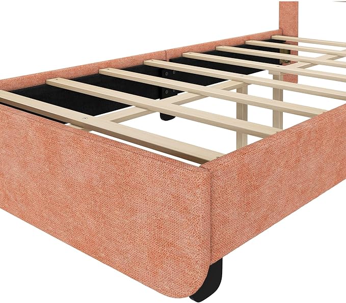 Max & Lily Upholstered Twin Bed Frame with Arch Headboard, Upholstered Platform Bed for Kids, No Box Spring Needed, Easy Assembly, Dusty Rose