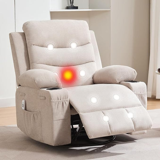 Recliner Chair Nursery, Oversized Manual Reclining Rocking Chair, 360 Swivel Glider with Cup Holder, Massage and Heat Recliner, Indoor Small Single Sofa Chairs for Adults, RV, Bedroom