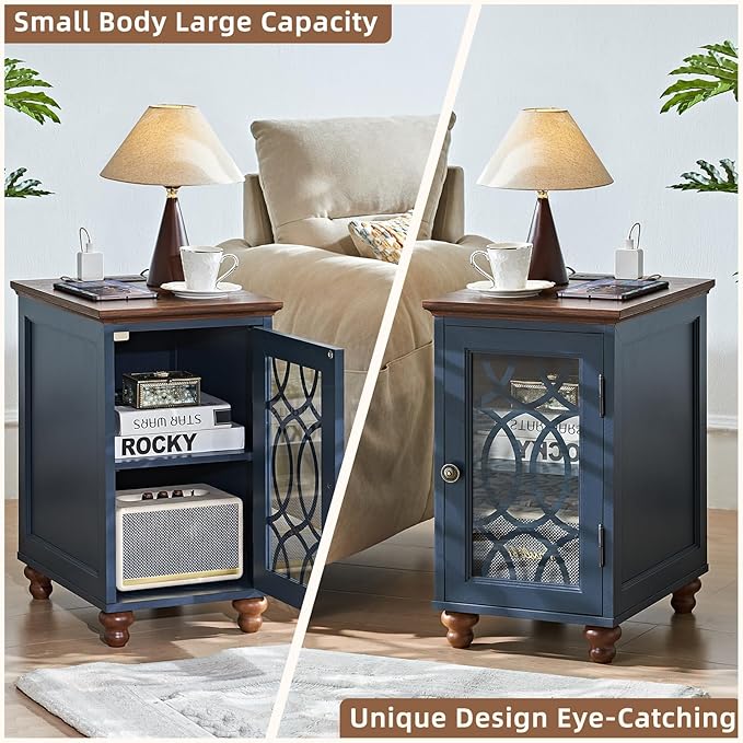 Narrow Side Table with Charging Station Set of 2, Night Stand with Glass Door,Bedside End Tables with Adjustable Shelf Storage Cabinet,Wood Nightstand for Small Spaces Living Room Bedroom