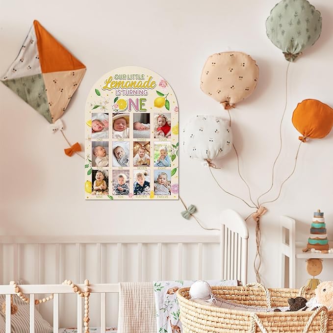 R HORSE My First Year Photo Display Wood Board - Baby’s First Year Picture Frame, 12 Months Milestone Board, 3D Lemon Neutral Baby Keepsake Gift One Year Old Birthday Nursery Decor for Girl Boy