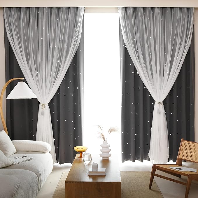 Kinryb Kids Blackout Curtains for Bedroom/Living Room/Classroom, Sheer Overlay Extra Long 2 Panel Set, Double Layer Curtains with Star Cutout for Kids Room(W 52 x L 108 Inches,Grey 2 Pcs)