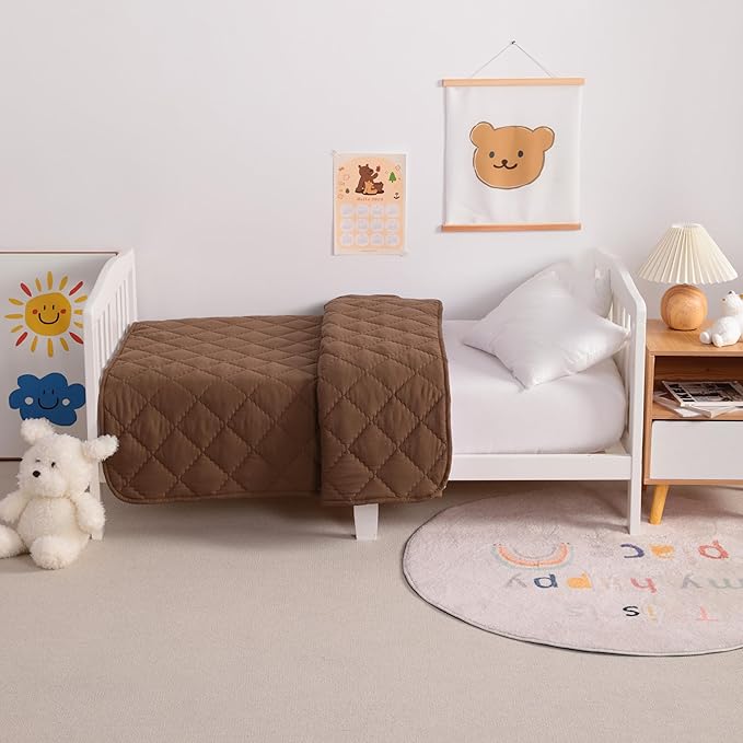 Down Alternative Toddler Comforter 39x47, Lightweight Warm Solid Color Baby Crib Quilted Blanket for Boys Girls, Coffee