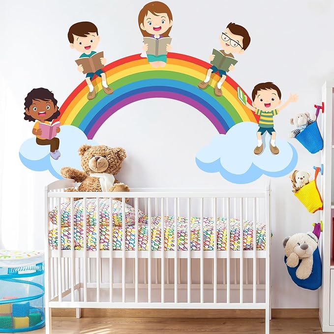 Kids Wall Decals Large Rainbow Wall Stickers for Nursery, Educational Reading Corner Decor Posters Cloudy Rainbow Student Reading Wall Art Murals for Kids Room Playroom Classroom