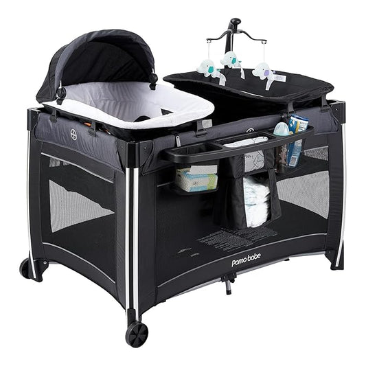 Pamo Babe 4 in 1 Baby Playards with Bassinet & Changing Table, Portable Crib Breathable Mesh and Toy Mobile
