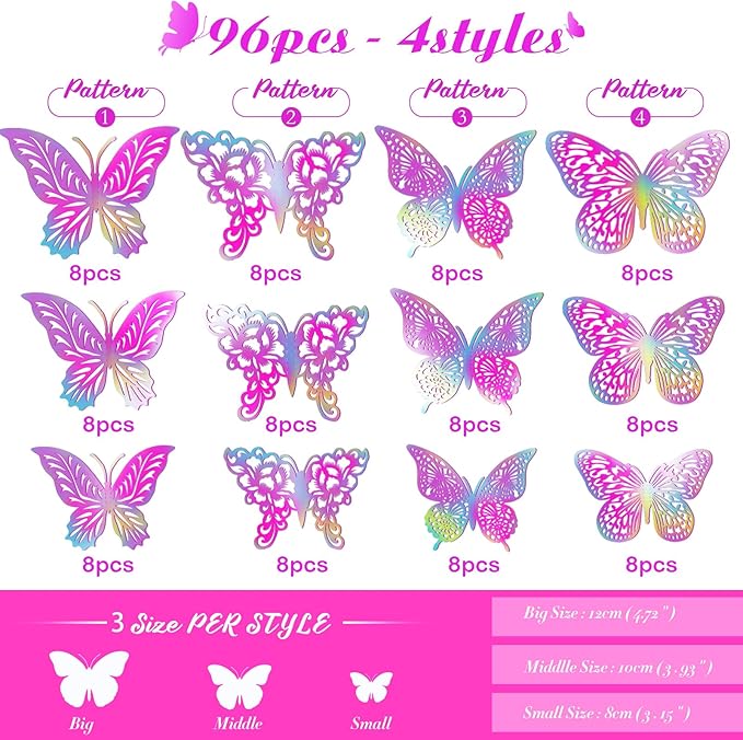 3D Butterfly Wall Decor 3 Sizes 4 Styles Butterfly Party Decorations Cake Decorations Removable Stickers Wall Decor Room Mural Metallic Kids (Laser Pink Purple, 96Pcs)